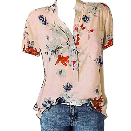 KEIZHUONIQIU Damen Bluse Elegant Große Größen Blumendruck Kurzarm Oberteil V-Ausschnitt Tunika mit Knöpfen Casual Lose Sommer Shirt Blumenhemd Kurzarmhemd Drucken Longbluse Blusenshirt von KEIZHUONIQIU