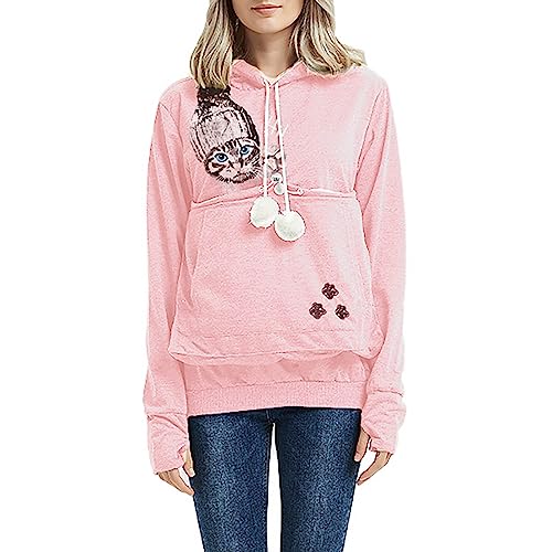 KEIZHUONIQIU Damen Hoodie mit Katzen Hund Tasche Kapuzenpullover Sweatshirt Long Sleeve Pullover mit Kapuze Tunnelzug Katzenpulli Große Größen Sweaters Pulli Herbst und Winter von KEIZHUONIQIU