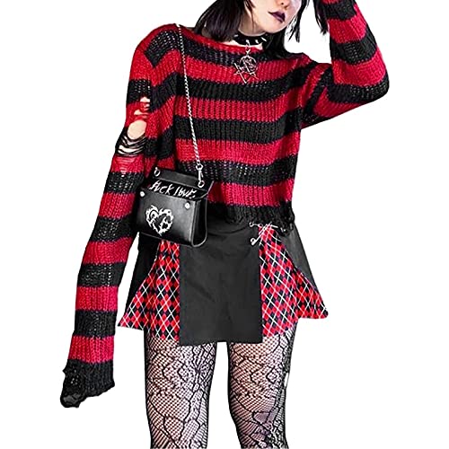 KEIZHUONIQIU Damen Lang Strickpullover Gothic Punk Langarm Pulli Jumper Oberteile Tops Lässig Knit Sweater Schwarzes von KEIZHUONIQIU