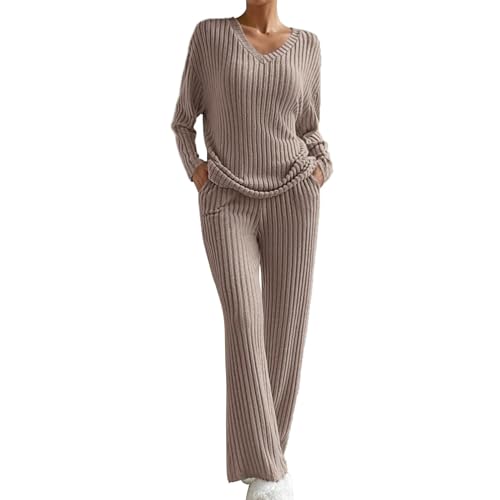 KEIZHUONIQIU Damen Ribbed Zweiteiler Lounge Set Loose Bequem Hausanzug Loungewear V-Ausschnitt Elegant 2 Teiler Set Top + Gerades Bein Hose Tracksuit Kleidung Outfit Anzug von KEIZHUONIQIU