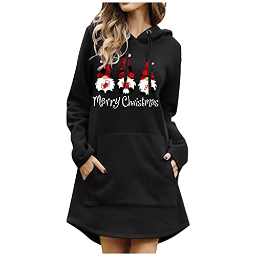 KEIZHUONIQIU Hoodie Weihnachtskleid Damen mit Kapuze Frauen Weihnachten Drawstring Rentier Elch Weinglas Druck Kapuzenpullover Langarm Pullover Kleid Weihnachtspullover von KEIZHUONIQIU