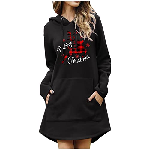 KEIZHUONIQIU Hoodie Weihnachtskleid Damen mit Kapuze Frauen Weihnachten Drawstring Rentier Elch Weinglas Druck Kapuzenpullover Langarm Pullover Kleid Weihnachtspullover von KEIZHUONIQIU