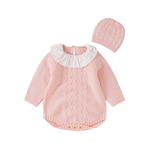 KEIZHUONIQIU Neugeborene Baby Strampler Einteilige Strick Mütze Set Einfarbig Onesies Babykleidung Mädchen Jungen Langärm Strickpulli Jumpsuits Winter Overall Kuschelig Body von KEIZHUONIQIU