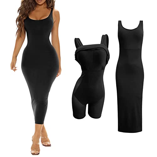 KEIZHUONIQIU Shaper Dress Bodycon Maxi/Mini Built in Shapewear Bra Dress 8 in 1 Damen Sexy Strandkleid Enges Lang Abendkleid Cocktailkleid,Kaffee-XL von KEIZHUONIQIU