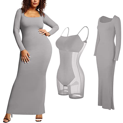 KEIZHUONIQIU Shaper Dress Bodycon Maxi/Mini Built in Shapewear Bra Dress 8 in 1 Damen Sexy Strandkleid Enges Lang Abendkleid Cocktailkleid,Kaffee-XL von KEIZHUONIQIU