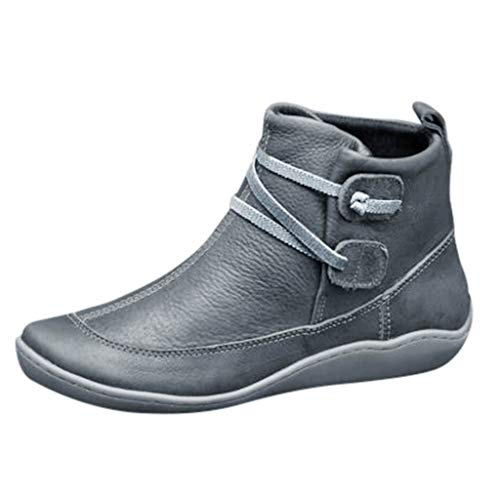 KEIZHUONIQIU Stiefeletten Damen Mit Absatz Frauen Vintage-Lederstiefel flache wasserdichte Schuhe Winter Runde Zehen von KEIZHUONIQIU