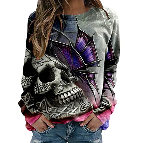 KEIZHUONIQIU Sweatshirts Damen Halloween Totenkopf Drucken Pullover Oberteile Kürbis Kaffee Sweater Langärm Ohne Kapuze Oberteil Yoga Relaxed Fit Bluse Tops von KEIZHUONIQIU