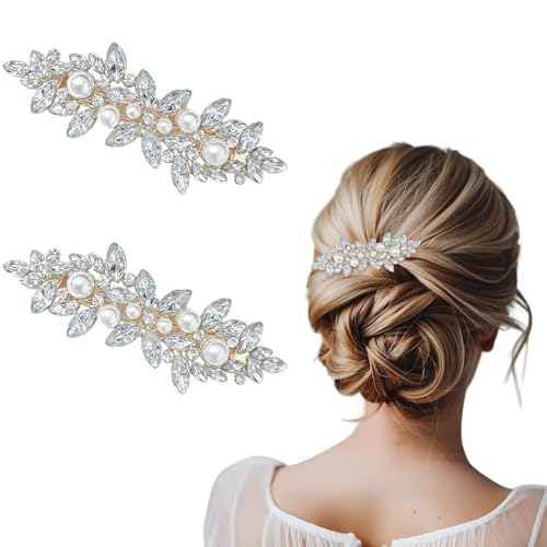 KEJOL 2 Stück Diamant-Haarklammern für Damen, Perlen Gold Haarklammern, Elegante Hochzeits-Haarspangen, Französische Hochzeits-Gast Haaraccessoires für Frauen Mädchen, Fest Party Alltag von KEJOL