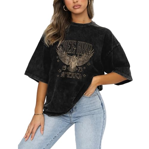 Vintage Rock Band T-Shirts Frauen Retro Free Bird Western Grafik Tees Country Music Shirts Casual Kurzarm Tops, black-104, Groß Vintage Rock Band T-Shirts Frauen Retro Free Bird Western Grafik Tees Country Music Shirts Casual Kurzarm Tops, black-104, Groß von KEKEMI