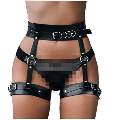 keland Damen Sexy Punk Leder Bein Harness Caged Oberschenkel Holster Strumpfband Harajuku Taille Ringe Hosenträger Gürtel（Schwarz-001） von keland