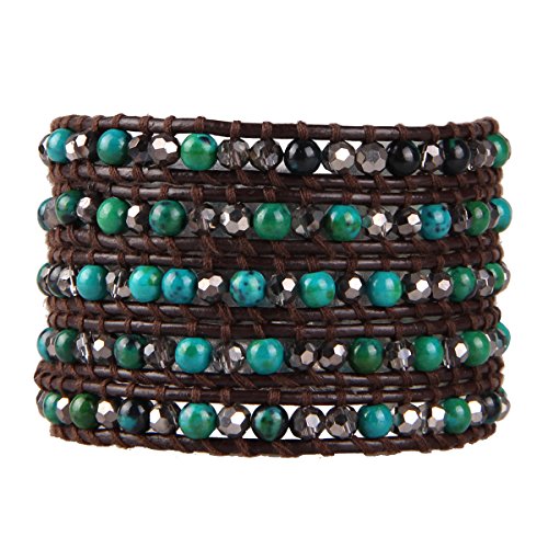 KELITCH 5 Wrap Lederarmband Türkis Mixed Perlen Strand Armband Mode Handgemachter Böhmischer Schmuck für Damen (Grün) von KELITCH