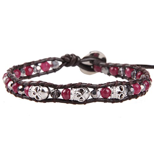 KELITCH 925 Silber Schädel Armband Achat Kristall Perlen Wrap Armband Leder Armband von KELITCH