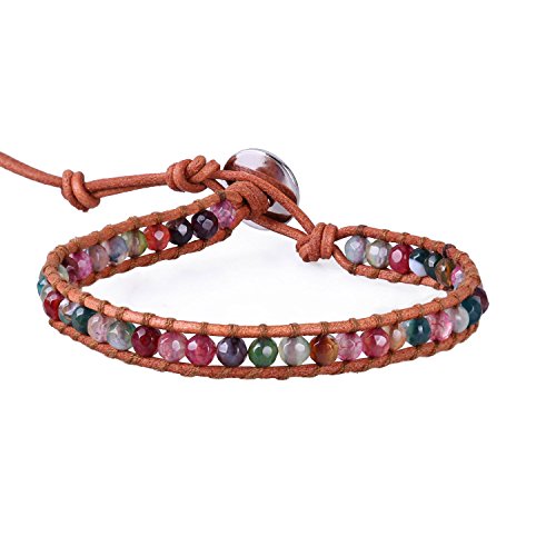 KELITCH Charme Armbänder Mädchen Frau Bunt Achat Facettiert Perlen Beige Handgefertigt Leder Armband von KELITCH