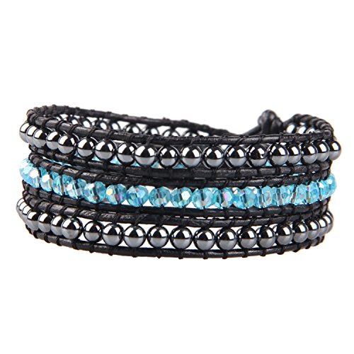 KELITCH Damen Kristall Perlen Strang Armbänder Handgemachtes Leder 3 Wickelarmband Mode Charm Armband von KELITCH