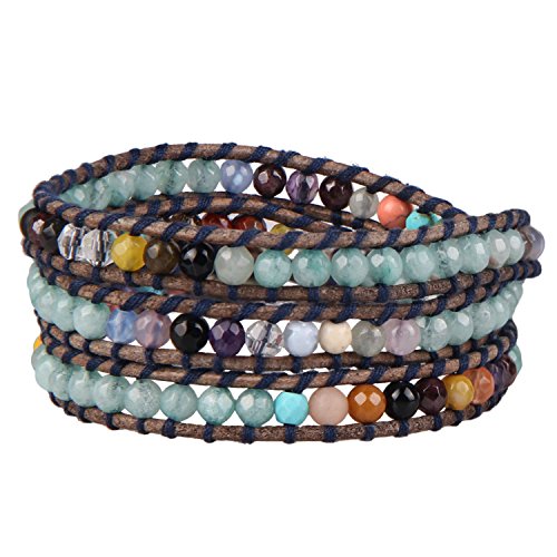 KELITCH Leder Armbänder Zum Damen Männer Grün Amazonit Mischen Bunt Achat Stein Kristall Perle 3 Wickeln Armband Personalisiert von KELITCH