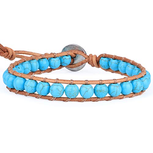 KELITCH Natürlich Leder Wickeln Armband Achat Kristall Schädel Mischen Wulstig Armband Zum Frau Männer Strang Armbänder Neu (Blau 5A) von KELITCH