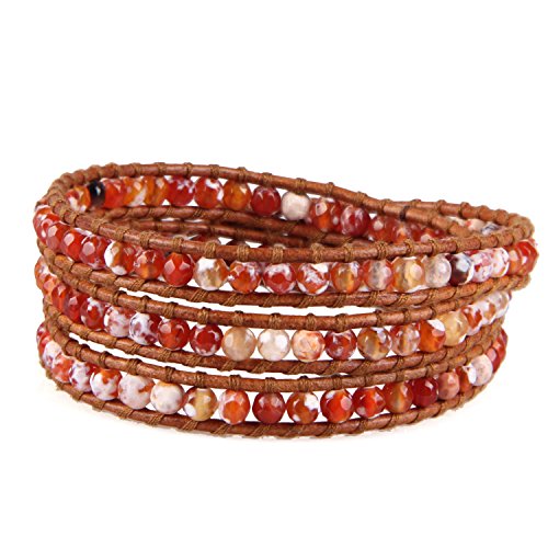 KELITCH Rot Feuer Achat Wulstig Strang Armbänder Leder 3 Wickeln Armband Neu Handgefertigt Kristall Armbänder Zum Frau Mädchen - 3 Wickelt KELITCH Rot Feuer Achat Wulstig Strang Armbänder Leder 3 Wickeln Armband Neu Handgefertigt Kristall Armbänder Zum Frau Mädchen - 3 Wickelt von KELITCH
