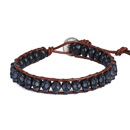 KELITCH Schwarz Türkis Perlen Armbänder Einzelnes Wickelarmband Schwarzes Totenkopfarmband für Herren (Skull 2B) von KELITCH