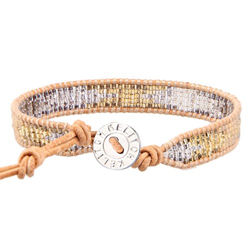 KELITCH Seil Armbänder Frau Mädchen Gold Silber Gradient Farbe Samen Wulstig Geflochten Manschette Armband Auf Beige Leder von KELITCH