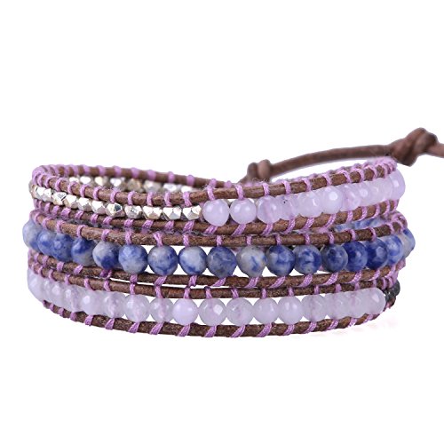KELITCH Strang Armbänder Personalisiert Zum Männer Frau Blau Lapis Lazuli 3 Wickeln Leder Um Armband (Lila 69) von KELITCH