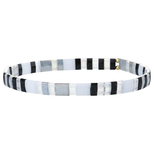 KELITCH Tila Flache Stretch-Armbänder mit Perlen Neue Schmuckstücke Freundschaft Handgefertigtes buntes Perlenarmband für Frauen – Schwarz Weiß von KELITCH