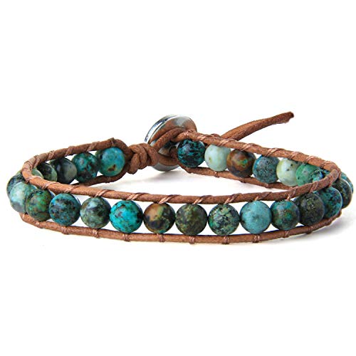 KELITCH Türkis Perlen Strang Armbänder Naturstein Leder Wickelarmband Neue Verstellbare Charm Armbänder (Grün 8B) von KELITCH