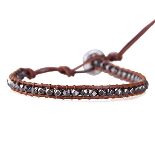 KELITCH Türkis Perlen Wrap Armband Natürliche Leder Einstellbare Armbänder Kristall Perlen Strang Armbänder (Pistole Silber 62Z) von KELITCH