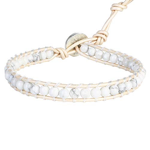 KELITCH Wickelarmbänder Damen Geflochtene weiße Howlite Perlen Strand Armbänder Naturleder Armreifen von KELITCH