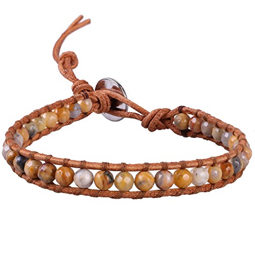 KELITCH Wickeln Armbänder Charms Personalisiert Zum Männer Frau Picture-Jasper Perlen Beige Leder Armband von KELITCH
