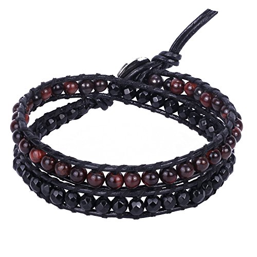 KELITCH Wickeln Armbänder Männer Frau Schwarz Onyx Und Braun Streifen Achat Perle Handgefertigt 2 Strang Wickeln Armband Auf Leder von KELITCH