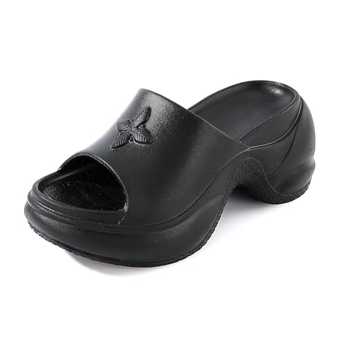 KELMALL Damen High Platform Slide Sandalen - Mode Chunky Open Toe Slip On Keilabsatz Casual Comfort Schuhe, Schwarz, Absatz: 8,9 cm, 38.5 EU von KELMALL