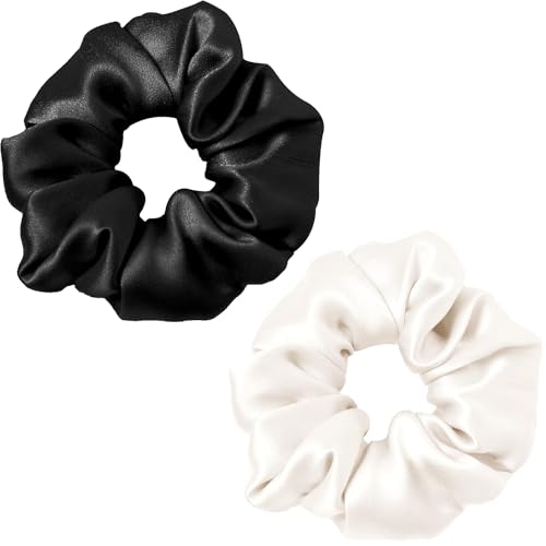 Groß Haargummis Seide Scrunchies Satin für Damen Weich Elastisch Silk Scrunchies Haargummis starker Halt für Mädchen & Frauen（Schwarz & Weiß, 1Stück） von KELUBATU