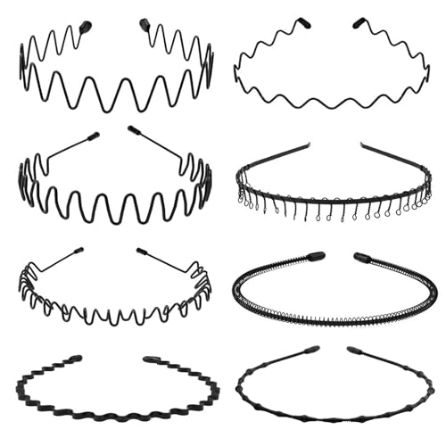 Herren Haarband Metall Haarbänder Anti-Rutsch Schwarz Mode Unisex Haarreifen Multi-Style für Sport und Alltag (8 Stück) von KELUBATU