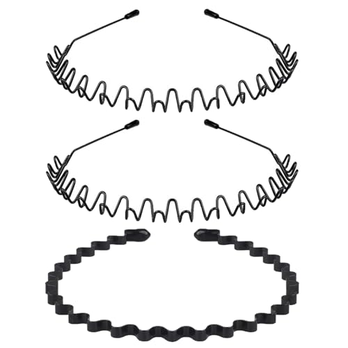 KELUBATU 3 Stück Herren Stirnbänder Elastisch Gewellt Frühling Welle Haarband Multi-Style Schwarz Rutschfeste Metall Haarbänder Unisex Sport Mode Haarreifen für Outdoor Sport Yoga Make-up von KELUBATU