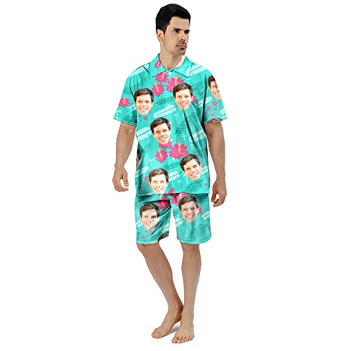 Benutzerdefinierte Gesicht Sommer Hawaii-Hemd | Personalisierte Foto Flower Print T-Shirts | Herrenhemd für Strand Party für Ehemann Freund Bruder Vater Sohn (Style 2) von KEMEILA