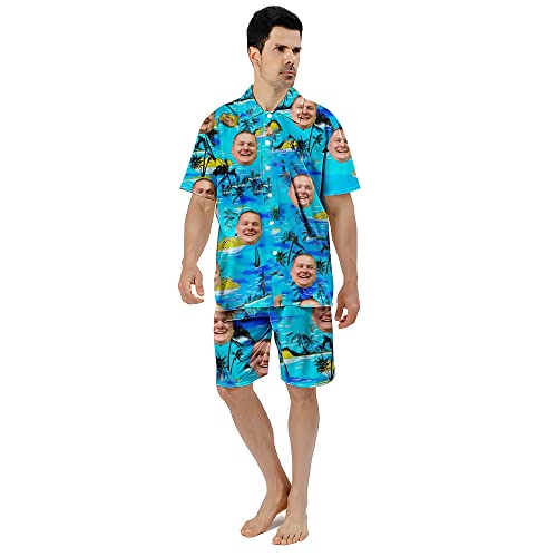 KEMEILA Benutzerdefinierte Gesicht Sommer Hawaii-Hemd Set | Personalisierte Foto Flower Print T-Shirts Shorts | Herrenhemd für Beach Party (Stil 4) von KEMEILA