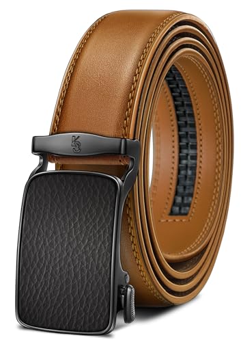 KEMISANT Automatik Ledergürtel für Herren Business Anzug, 35mm Gürtel Ohne Löcher - Größe Festgelegt (Orangebraun, 125cm/36-42" Taille Verstellbar) von KEMISANT