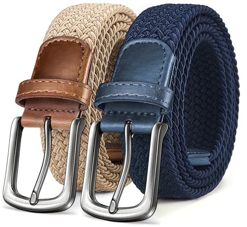 KEMISANT Gürtel Herren 2er, Elastischer Flechtgürtel Damen Herren Stoffgürtel Geflochten Stretchgürtel Golfgürtel 35mm(Beige/Antikblau,115cm/36-40" taille verstellbar) von KEMISANT