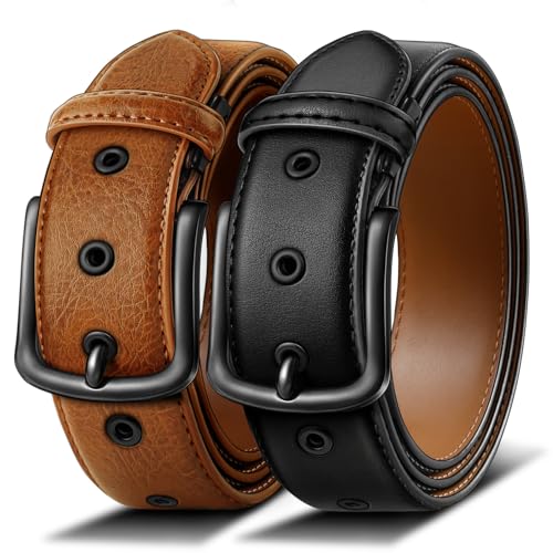 KEMISANT Gürtel Herren 2er Pack Einstellbarer Ledergürtel für Geschenke 38mm,7 Metalllöcher,Zum Schneiden Geeignet(Schwarz/Orange Braun,135cm/46-48" taille verstellbar) von KEMISANT