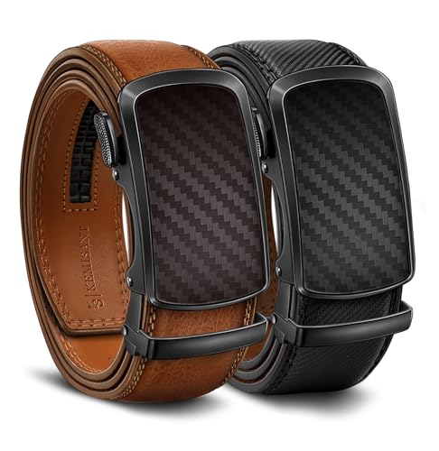 KEMISANT Ratchet Gürtel 2er Pack, Gürtel Herren Einstellbarer Schiebeledergürtel als Geschenk 35mm,Passt zu Anzugshosen Freizeithosen und Jeans(Schwarz/Orange Braun,120cm/34-40" taille verstellbar) von KEMISANT