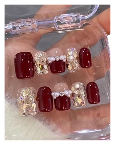 KEMKEY Handgemachte Nägel,Herbst und Winter Weinrot Glitzer Diamanten Nail Art Gefälschte Nagel Patch Weiß Abnehmbar(M) von KEMKEY
