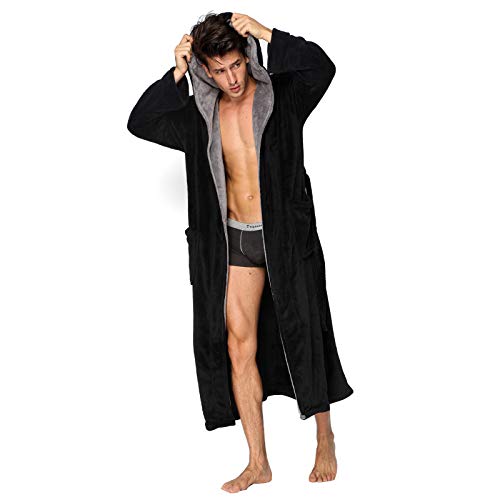 KEMUSI Herren Kapuze mit Fischgrätmuster schwarz Soft-Spa Ganzkörperansicht Warm Bademantel mit grauen Kimono Schalkragen X-Large Schwarzgrau von KEMUSI