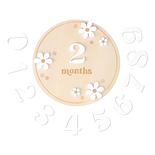 KEMUZ 1 Stück Meilensteinkarten Baby Holz und Monatskarten Baby 1-12 Monate mit Klebepunkten in Blumen-Stil, charmante Foto Requisiten für Babys von 0-12 Monaten Babyparty und Wachstumsaufzeichnung von KEMUZ