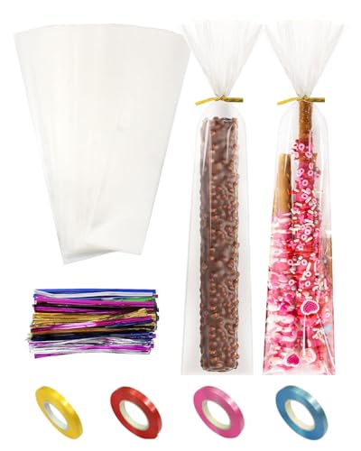 KEMUZ 100pcs Tütchen Transparent Cellophantüten Klar Zellophantüten Durchsichtig Klein Tüten Süßigkeiten Candy bar Bonbons Zellophanbeutel mit Drehknoten und Bändern für Kindergeburtstag (25x5cm) von KEMUZ