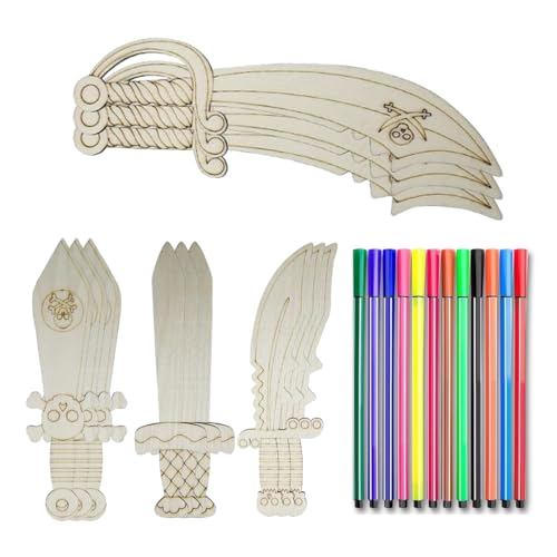 KEMUZ 12 Stück Piratenschwerter Aus Holz Mit 12 Farbige Stifte Zum Bemalen Kreatives Piratensäbel Holzschwert Kinder Piraten Schwert Holzbastelset Geschenk Für Piraten Deko Kindergeburtstag von KEMUZ