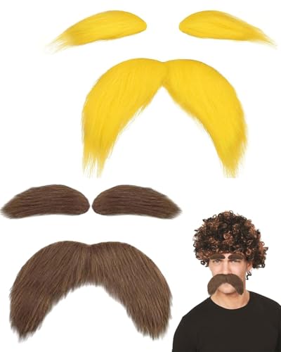 KEMUZ 2 Stück Fake Bart Augenbrauen Set, Ankleben Schnurrbärte Augenbrauen Kleben Bärte Selbstklebend zum Ankleben Halloween Party Weihnachten Cosplay Schnurrbart Karneval (Gelber+Braun) von KEMUZ