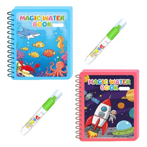 KEMUZ 2 Stück Wassermalbuch Und 2 Stück Wasserstift,Wasser Malbuch Mit Wasserstifte Für Kinder, Malbuch Kinder Ab 2,Magic Malbuch Mit Wasserstift, Wasserzauber Malbuch(Ozean, Weltraum) von KEMUZ