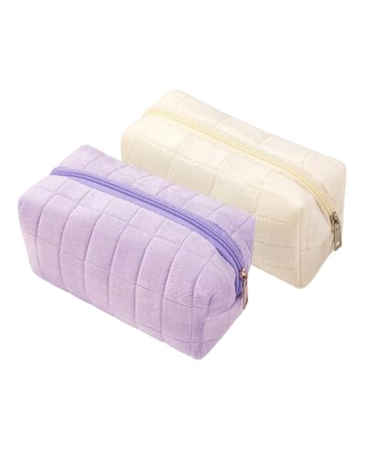 KEMUZ 2Pcs Plüsch Make-up Tasche, Tragbare Makeup Tasche Reise-Kulturbeutel, Reißverschluss Kosmetiktasche, Kosmetiktasche Groß Kapazität für Frauen Mädchen Geschenk(Lila + Beige) von KEMUZ