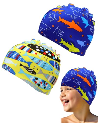 KEMUZ 2er Pack Badekappe Kinder 6-14 Jahre – Schwimmkappe Mädchen & Jungen mit Hai & Tropenfisch Design, Rutschfest & Wasserdicht, Weiches Silikon für Schwimmbad & Strand von KEMUZ