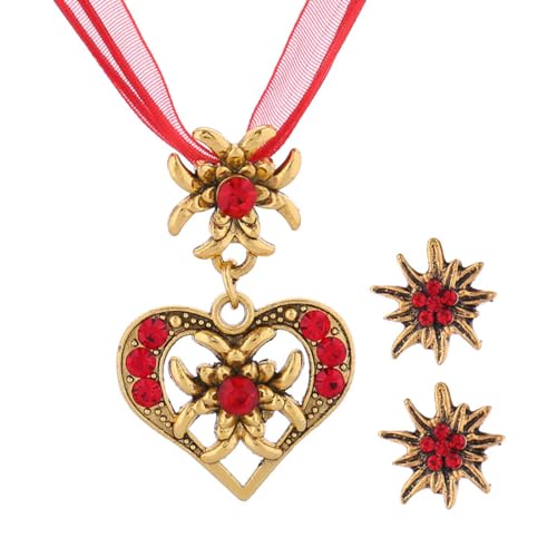 KEMUZ 3 Stück Trachtenschmuck Set Bayerisch Schmuck Trachtenkette Mit Strass Edelweiß Herz Anhänger Und Edelweiß Ohrstecker Für Oktoberfest Damen Outfit(Rot) von KEMUZ